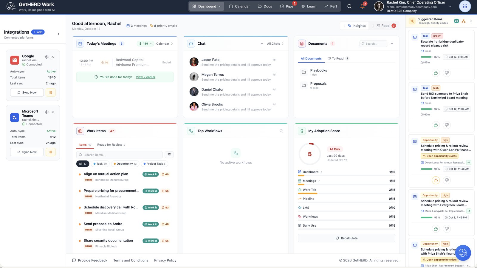 Herd: Work dashboard with meetings, chat, documents, work items and suggested items
