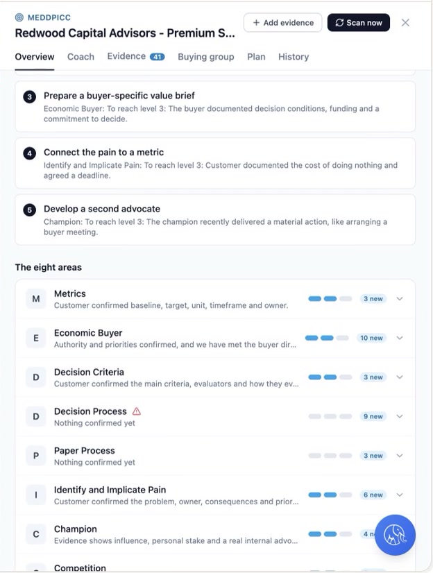 MEDDPICC Overview tab with the top next steps and the eight areas