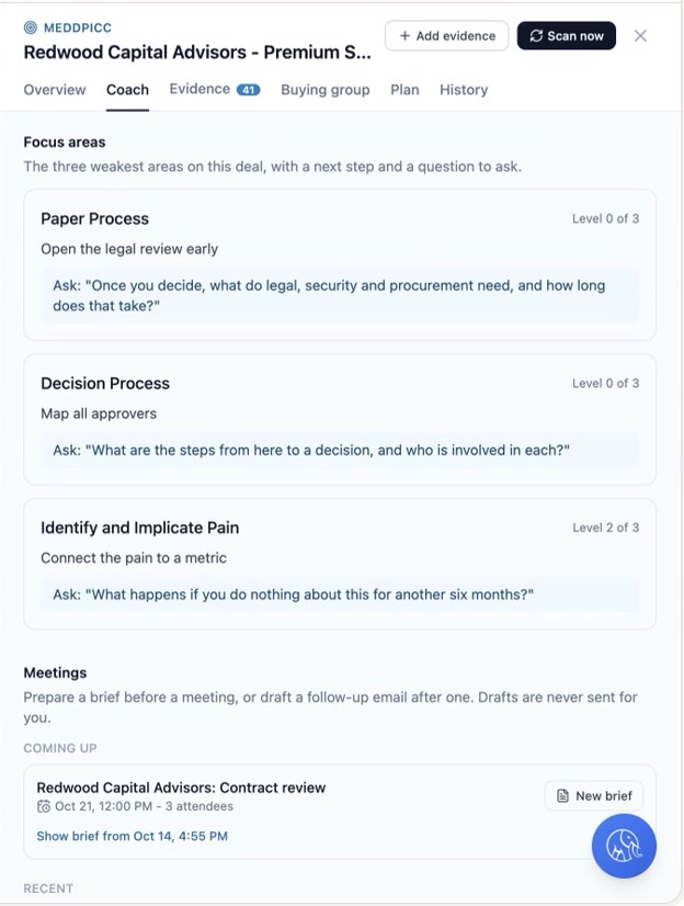 MEDDPICC Coach tab with the three weakest areas, next steps and questions