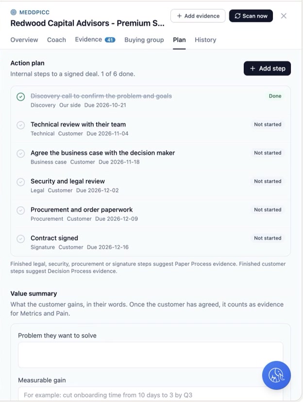 MEDDPICC Plan tab with action plan steps and due dates