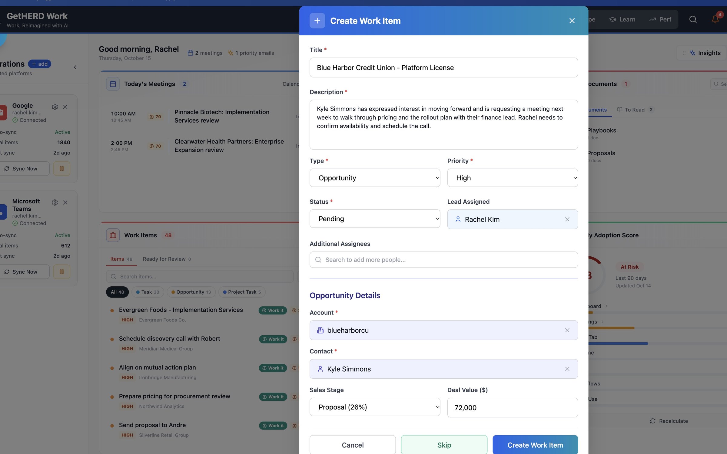 Create Work Item form prefilled from a suggestion