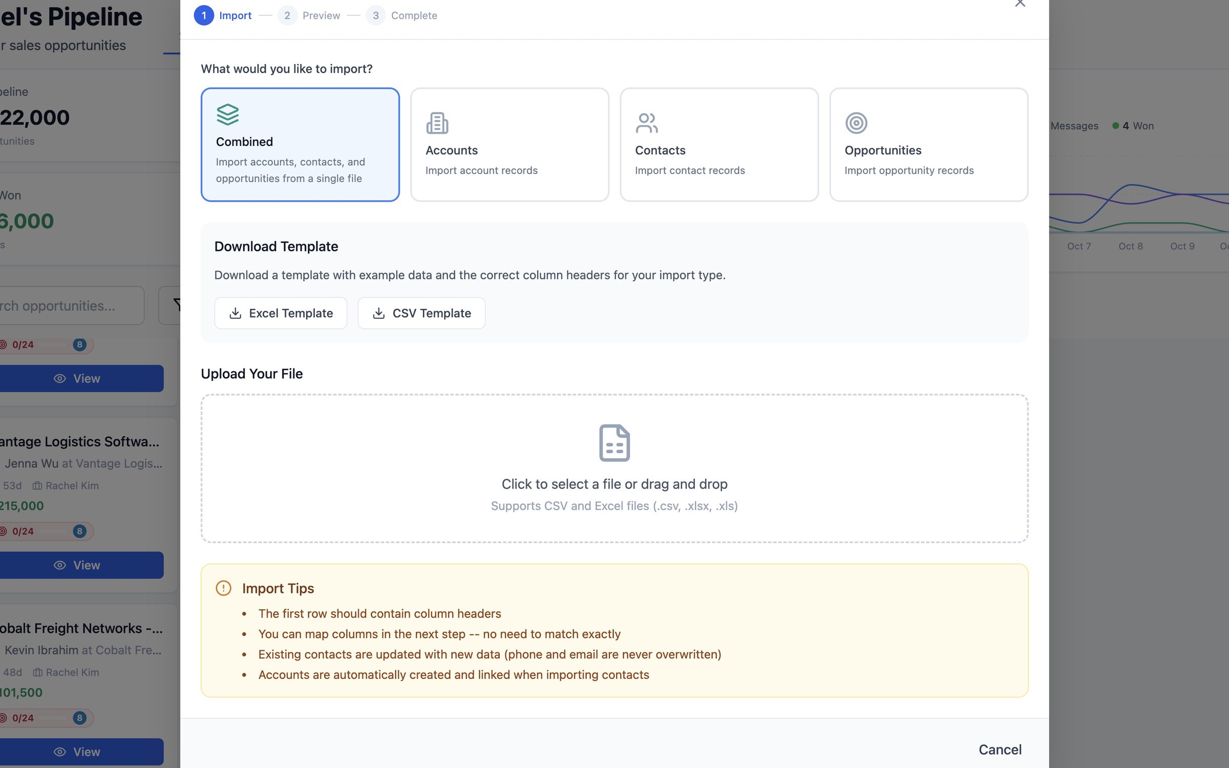Import Data dialog with templates