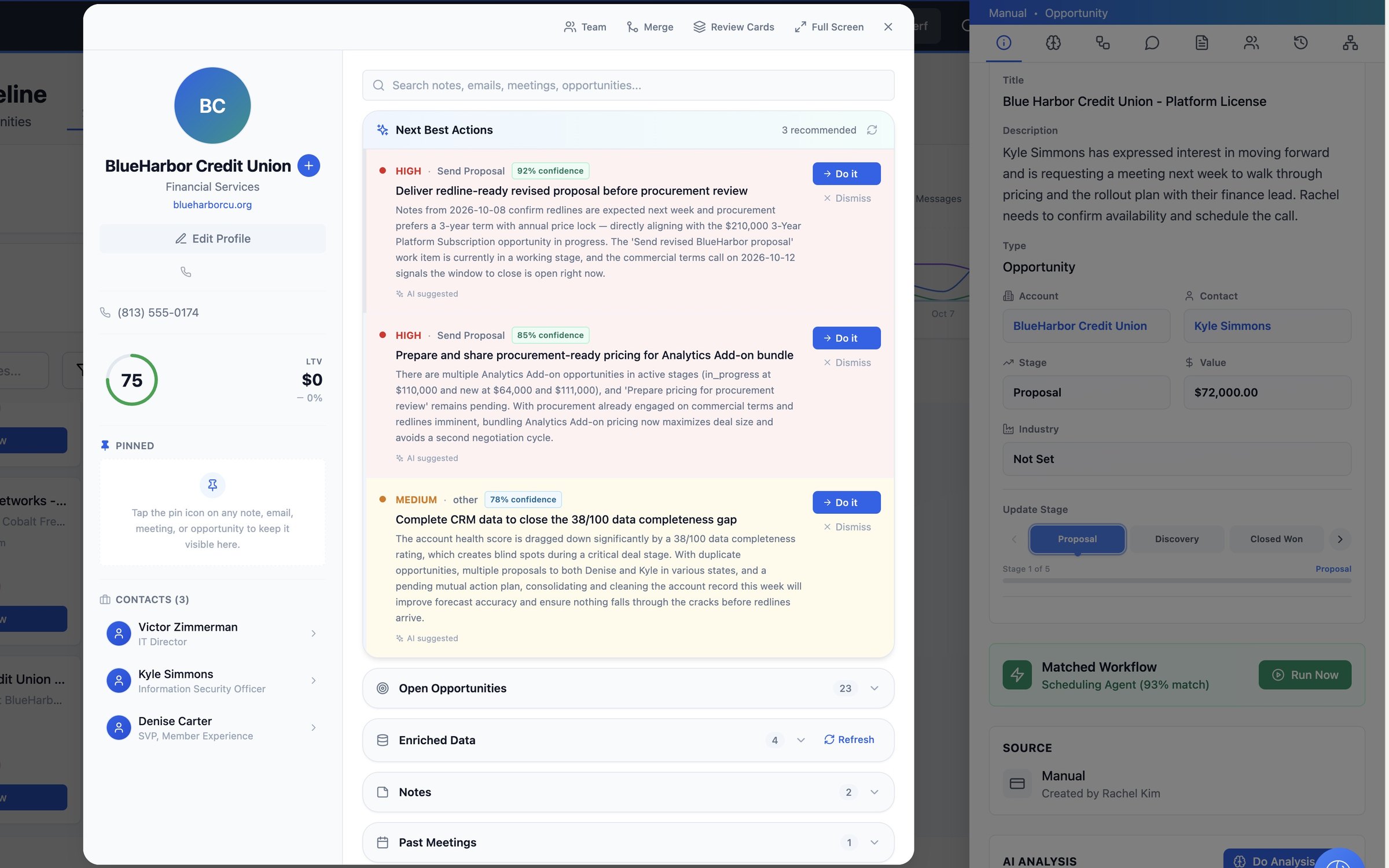 BlueHarbor Credit Union account with contacts and next best actions