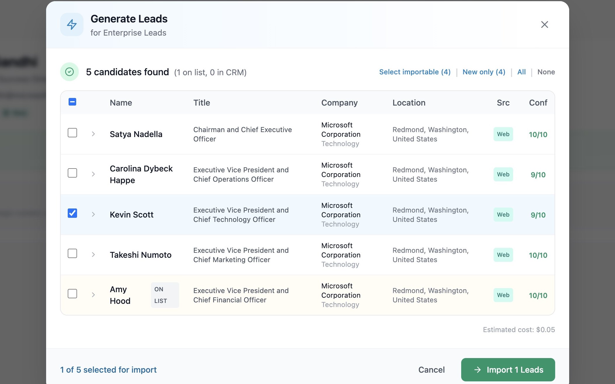 Find Leads results for C-suite executives at Microsoft