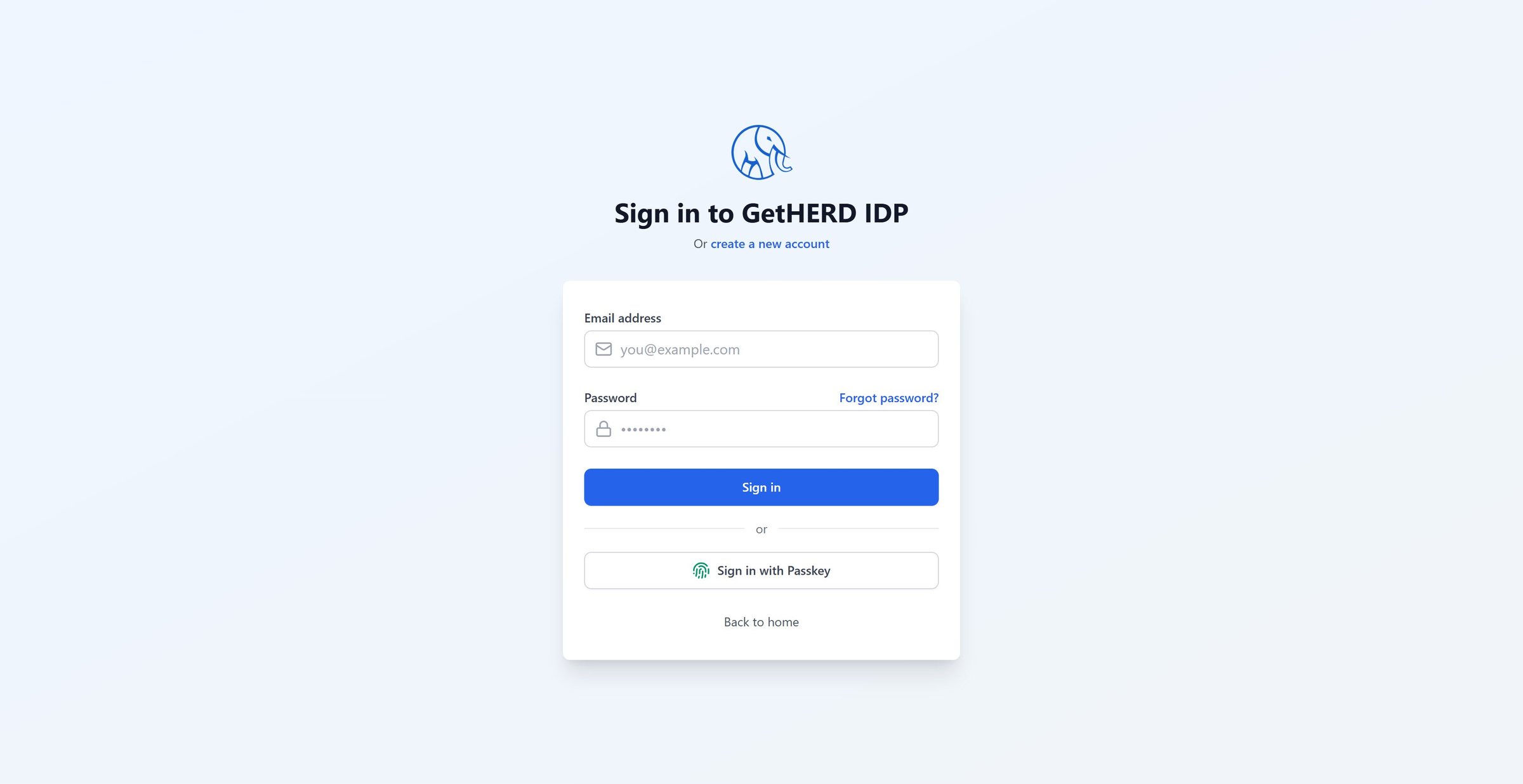 GetHERD IDP sign-in page with password and passkey options