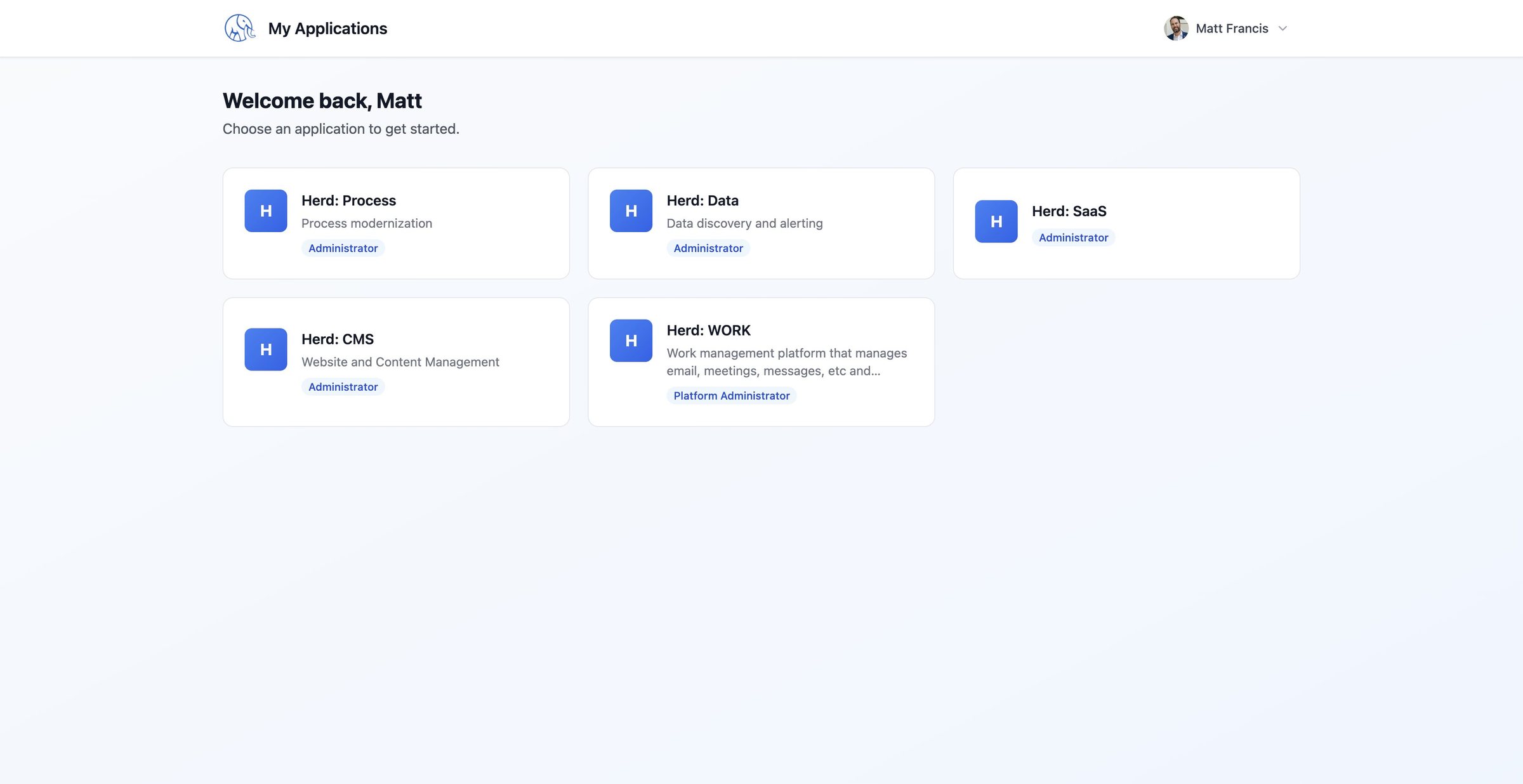 My Applications launcher with five Herd AI apps and roles