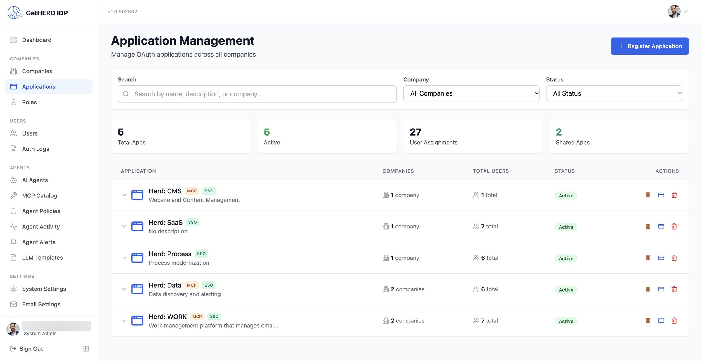 Application Management list with SSO and MCP badges