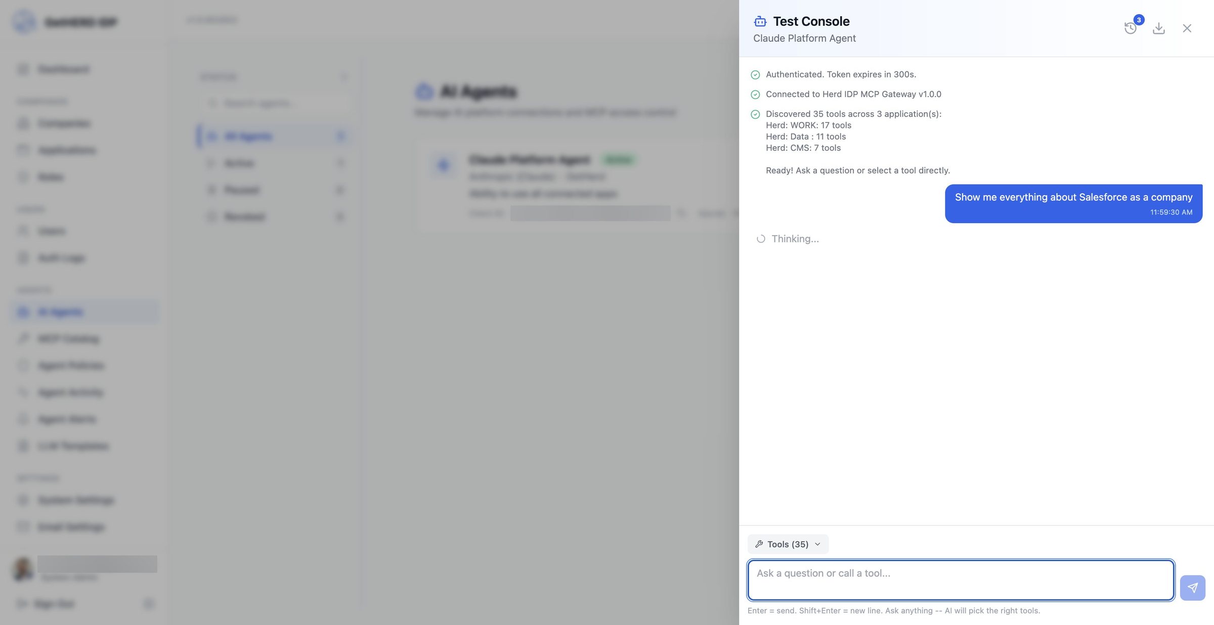 Test Console with 35 tools discovered across WORK, Data and CMS