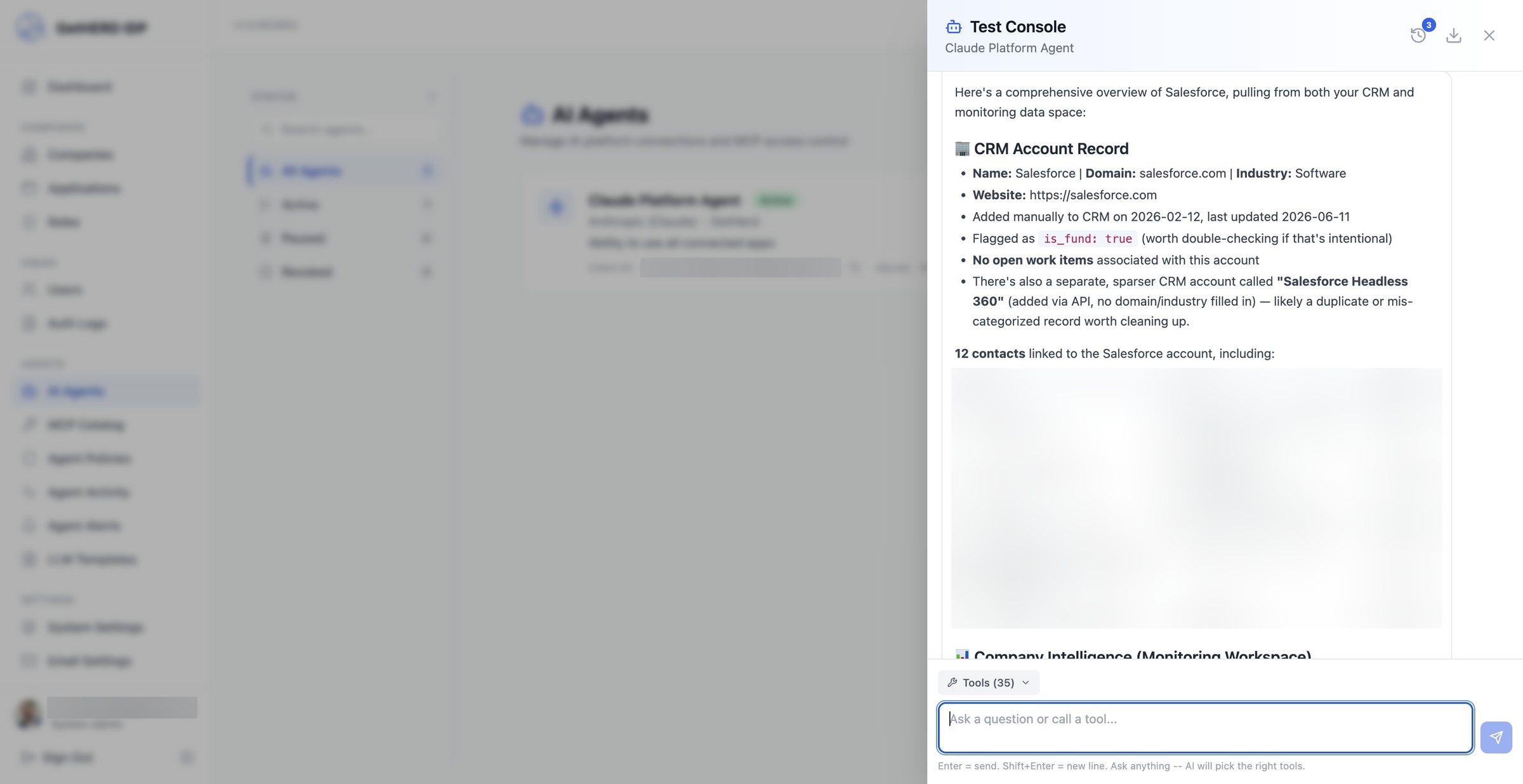 Agent answer combining CRM and company intelligence for Salesforce