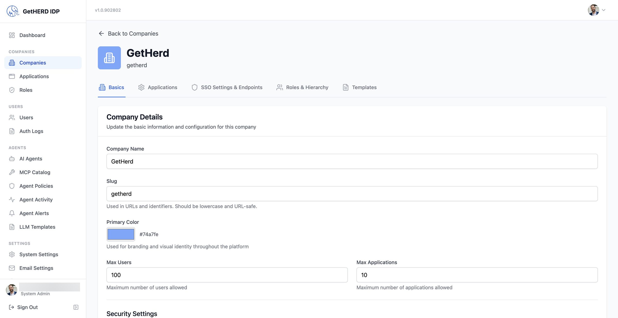GetHerd company setup with security settings