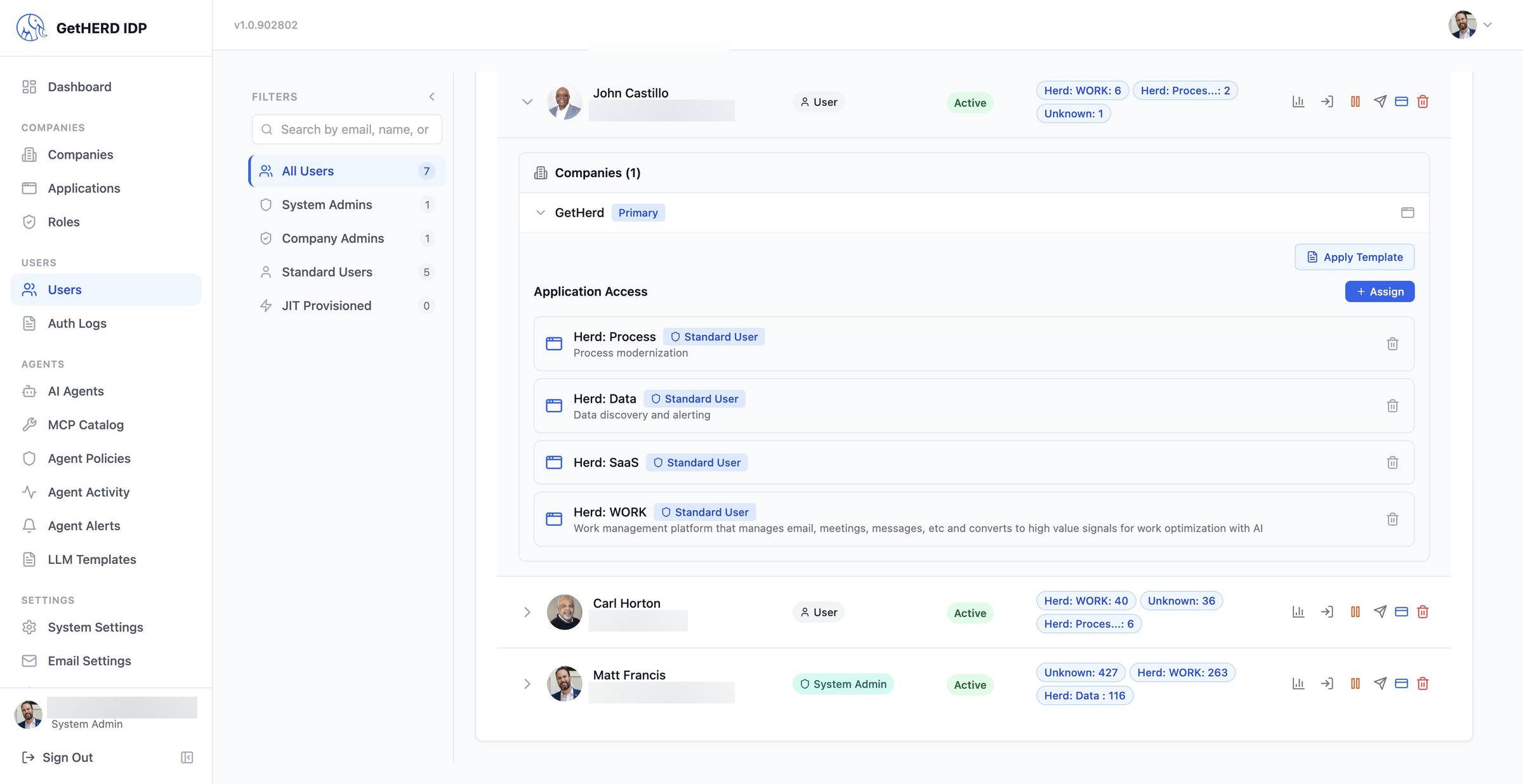 User row expanded to show application access and roles