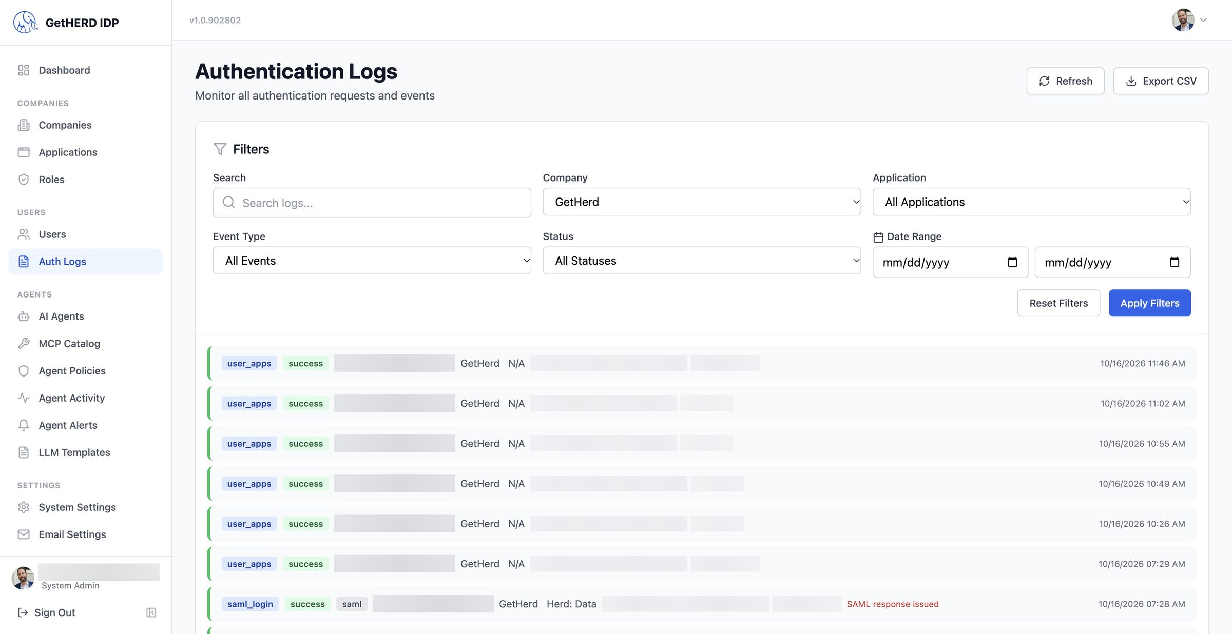 Authentication logs filtered to one company