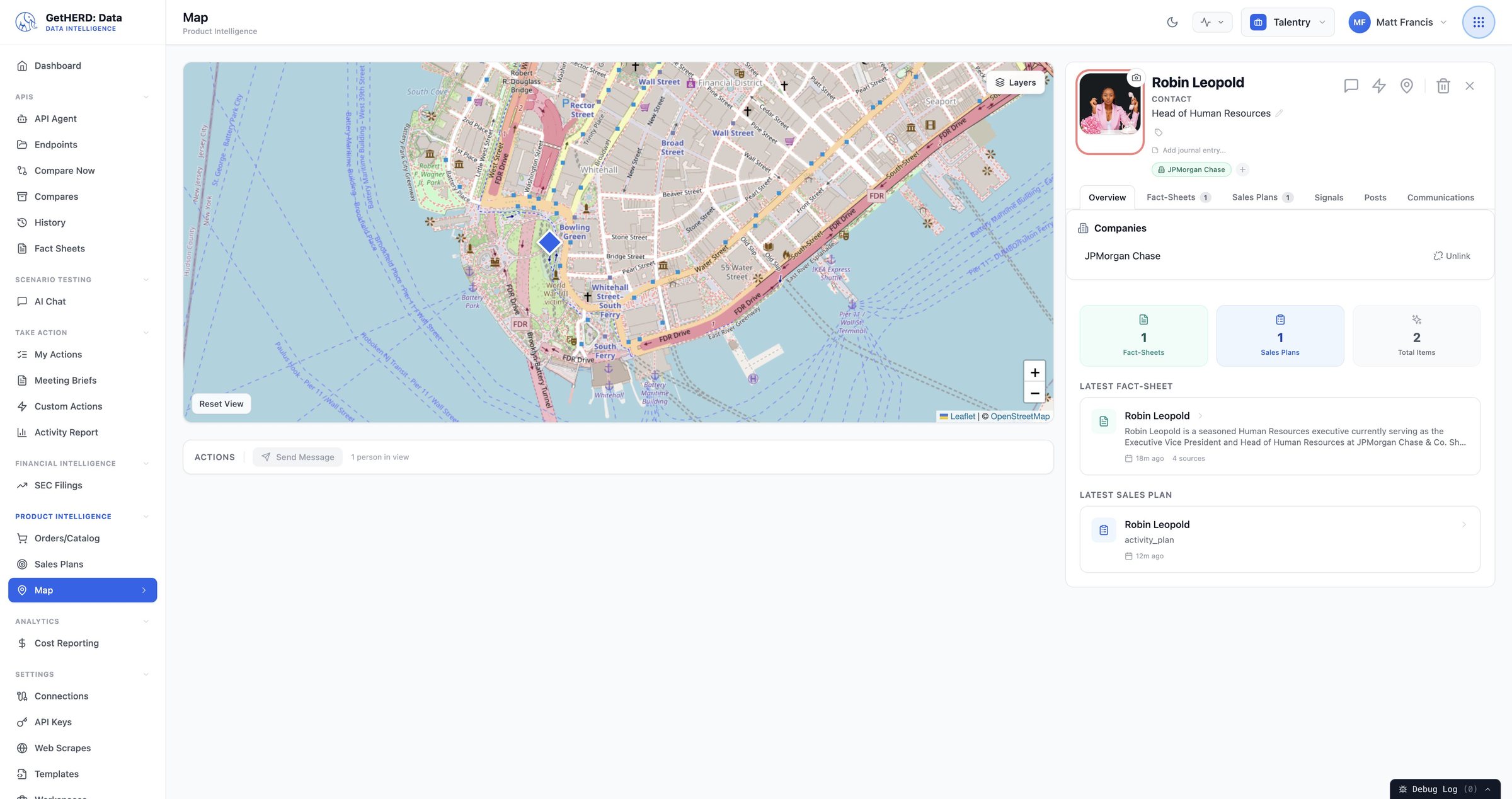 Map zoomed to Robin Leopold in Lower Manhattan