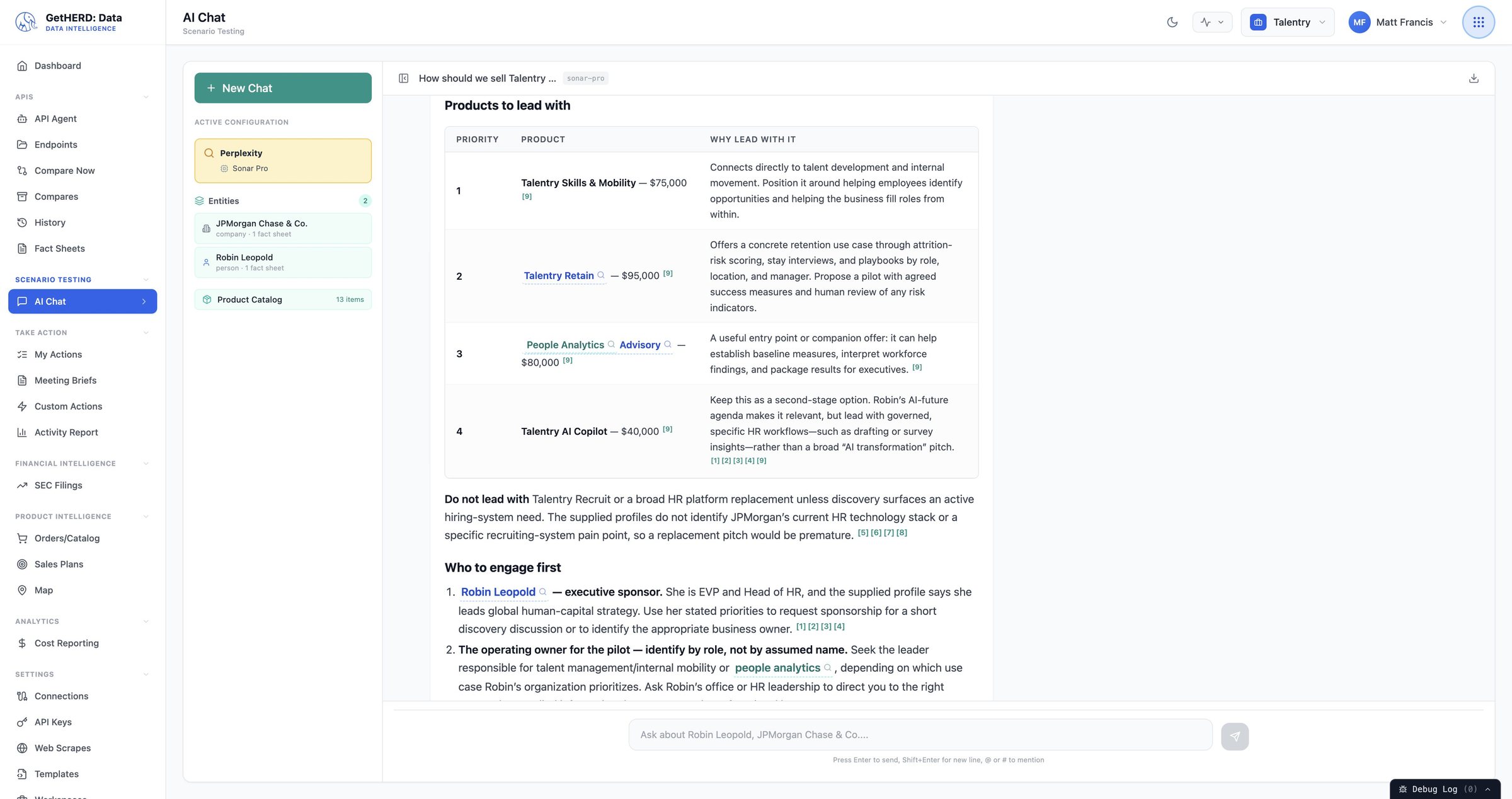 AI Chat recommending products to lead with at JPMorgan Chase