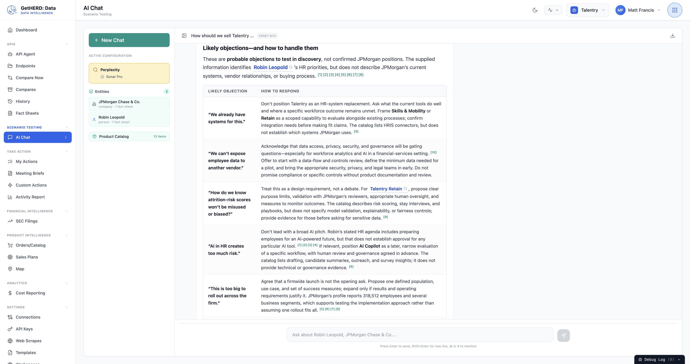 AI Chat table of likely objections and responses