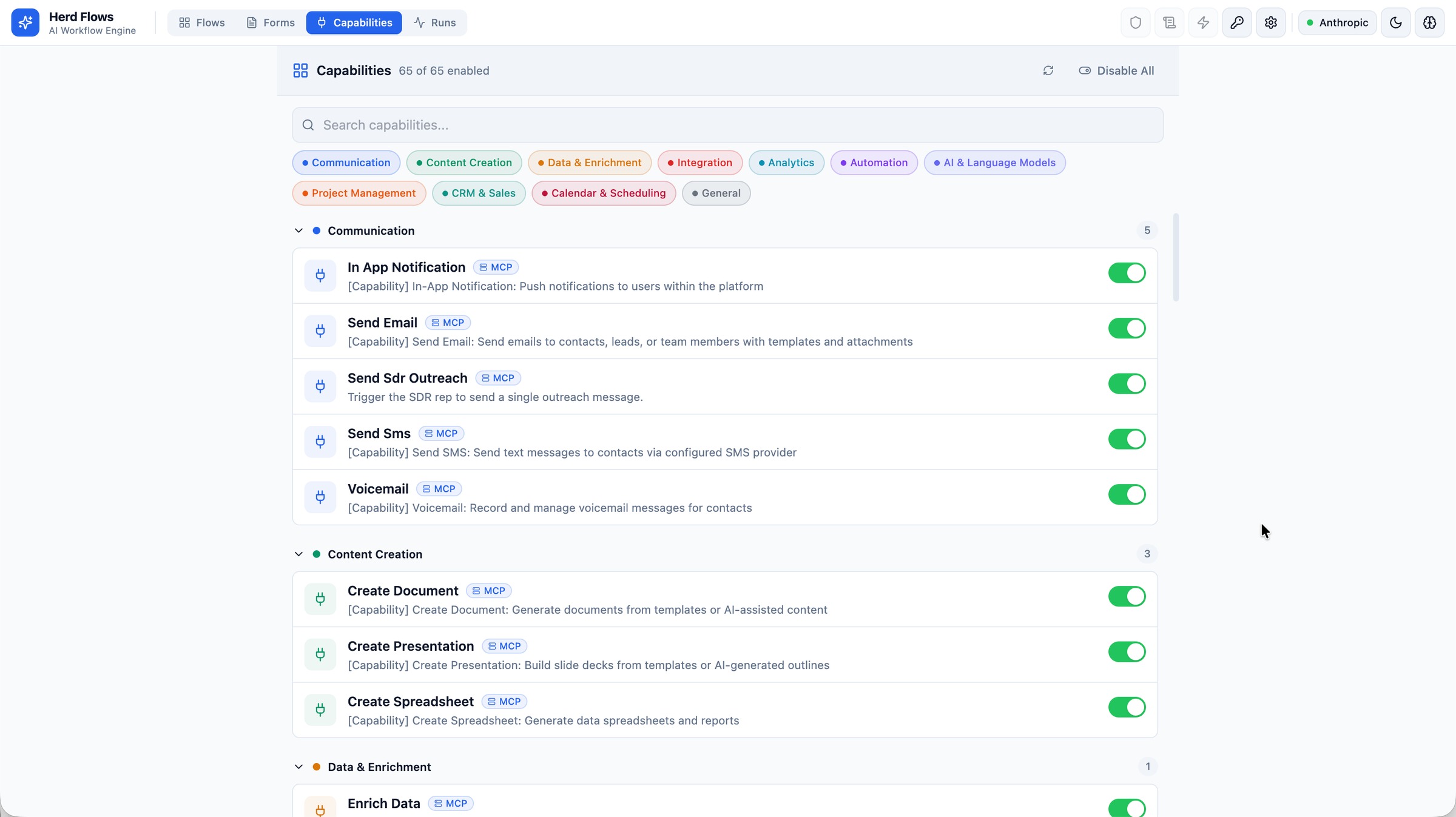 Herd: FLOW Capabilities registry with 65 of 65 MCP and API capabilities enabled across 8 business categories
