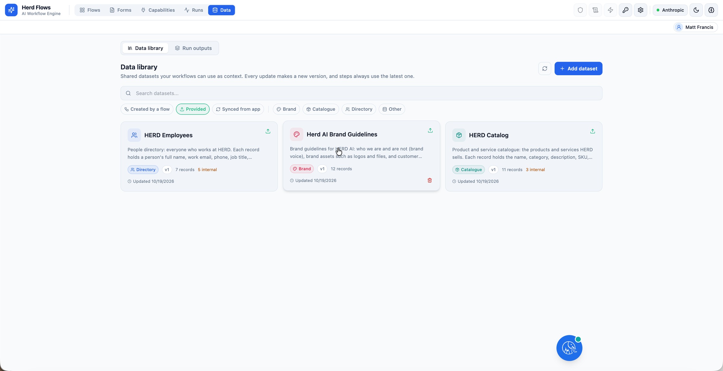 Herd: FLOW persistent Data Library showing provided datasets for HERD Employees, Herd AI Brand Guidelines, and HERD Catalog