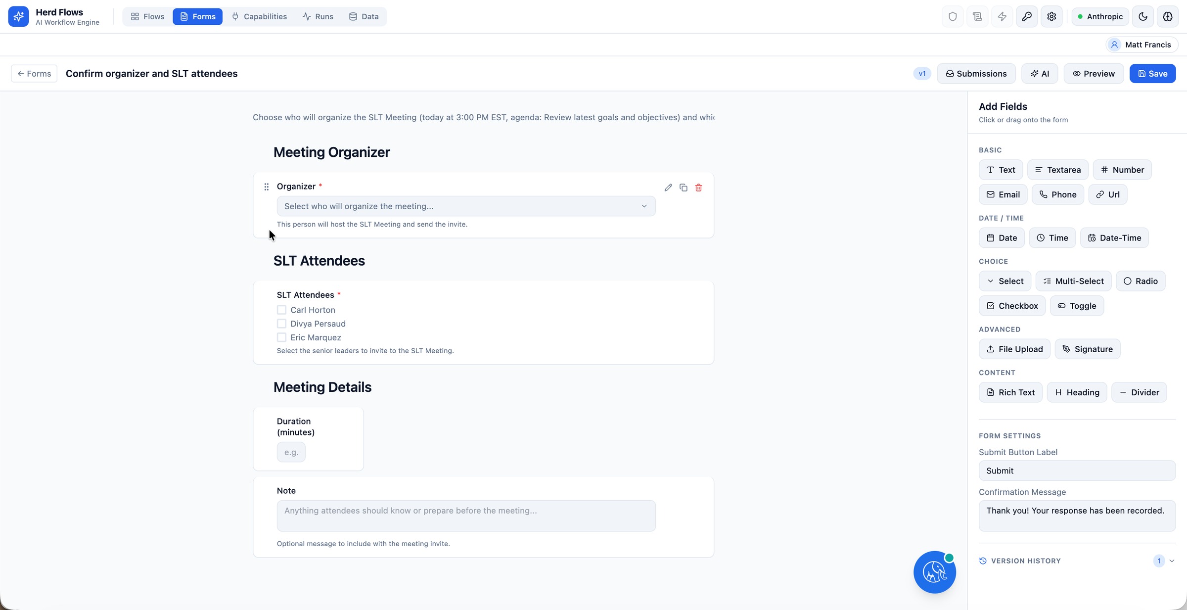 Herd: FLOW AI-generated human-in-the-loop approval form Confirm organizer and SLT attendees with Conversation Agent voice launcher