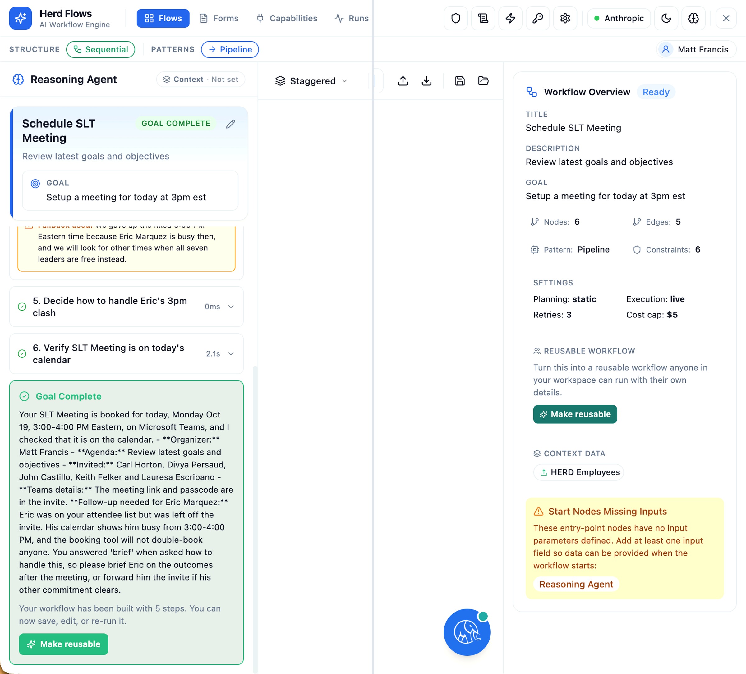 Herd: FLOW Reasoning Agent and Workflow Overview decomposing a natural-language SLT meeting goal into a 6-node pipeline