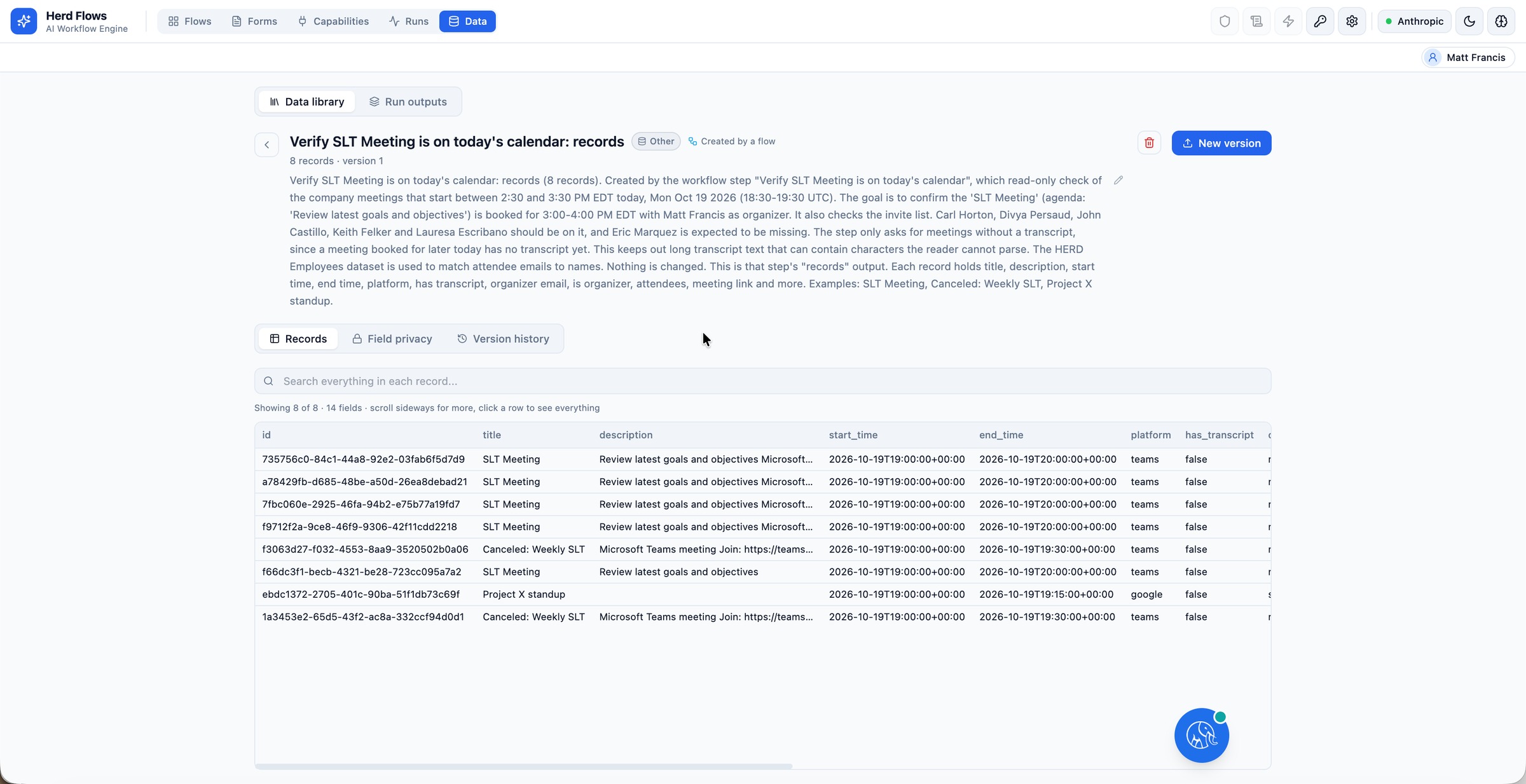Herd: FLOW step output records showing intelligent AI query adaptation and calendar verification matched against HERD Employees