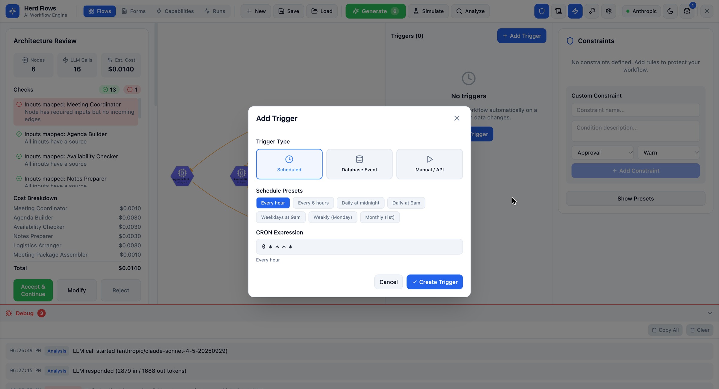 Herd: FLOW Add Trigger modal for cron schedules, database events, and API triggers alongside the safety Constraints panel and live LLM token trace