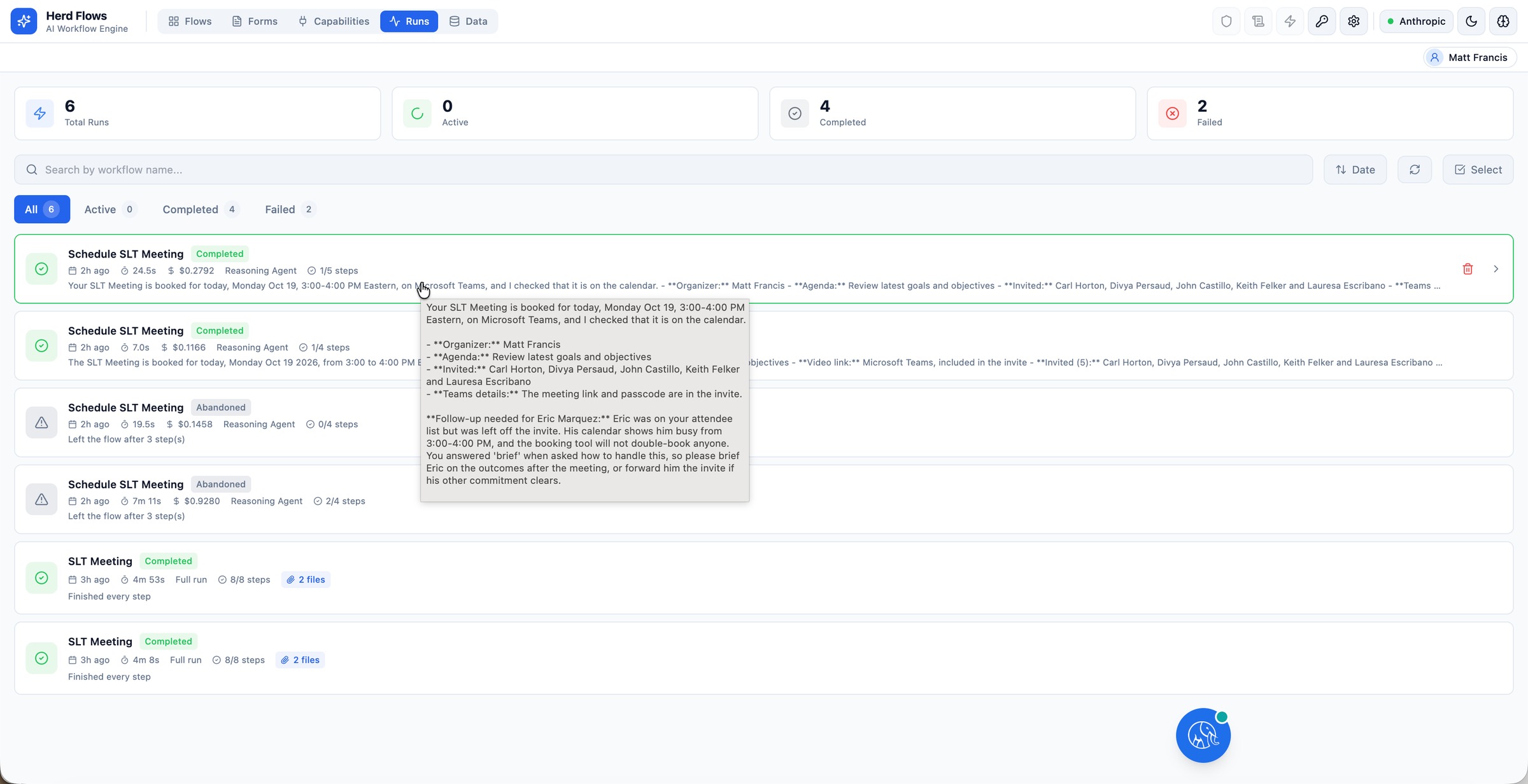 Herd: FLOW Runs dashboard with full execution logging, step counts, workflow cost accounting, and guardrail conflict enforcement summary