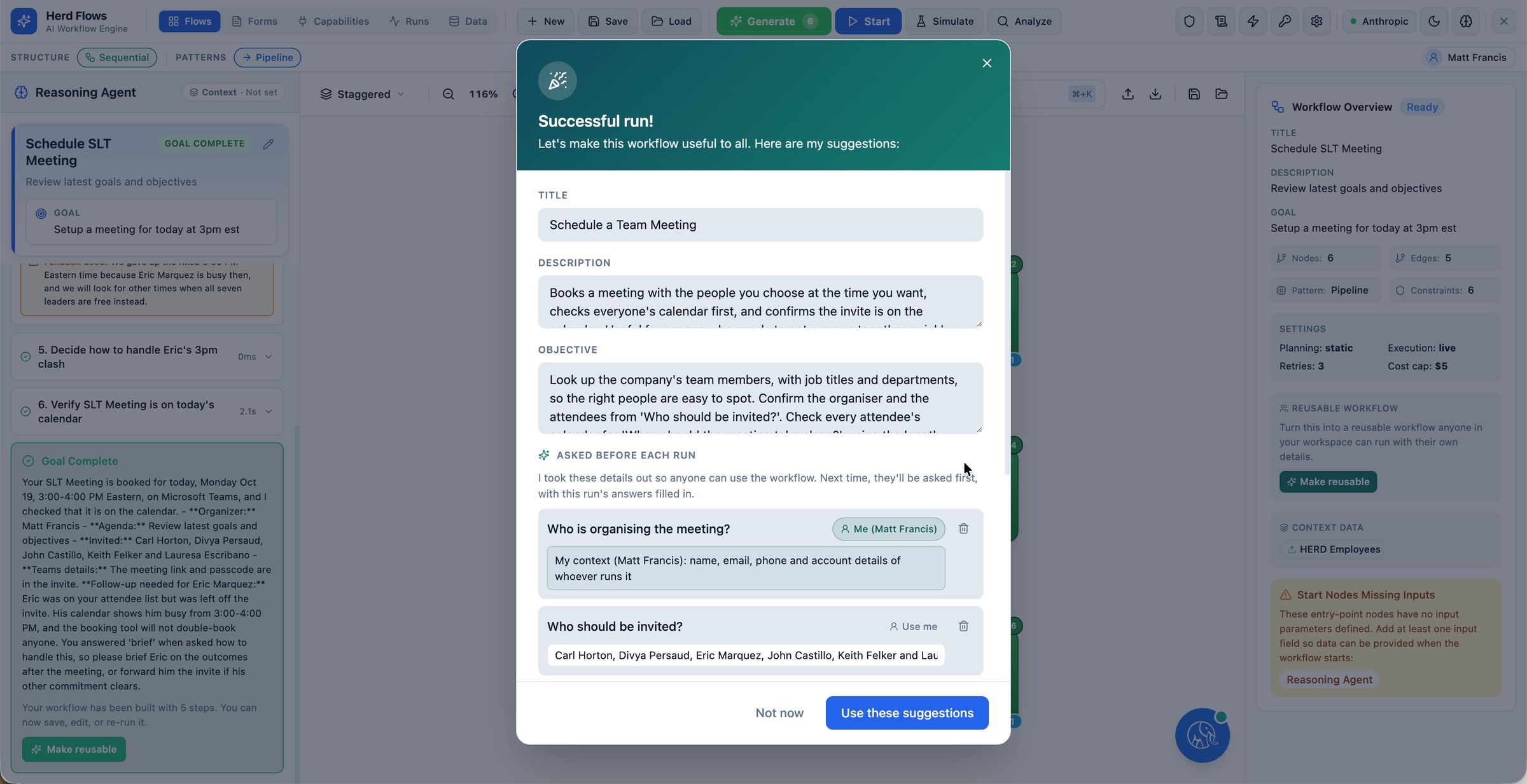 Herd: FLOW Make Reusable modal converting a proven personal workflow into a generic team workflow with pre-run input questions