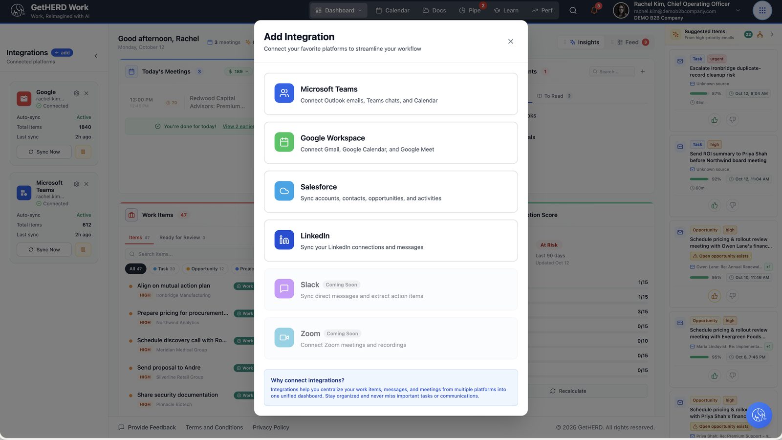 Add Integration panel with Google and Microsoft Teams connected
