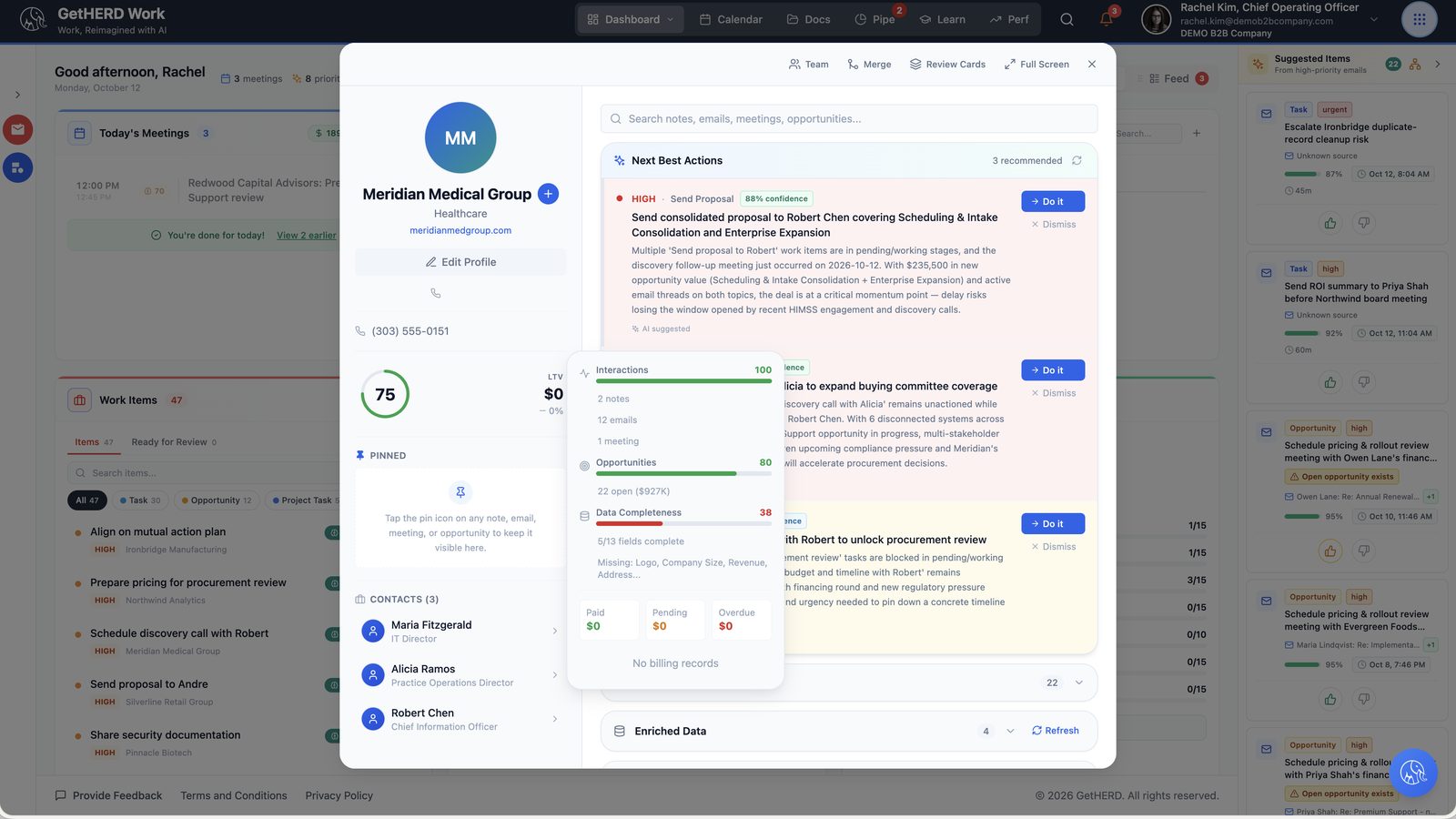 Account modal with the health score breakdown popover
